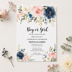Convite Menino ou Menina Rosa Choque Azul Floral Revelação