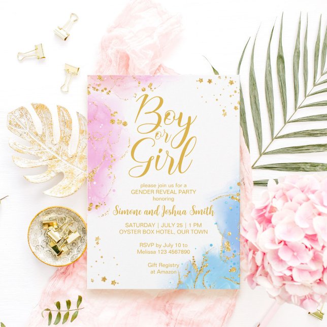 Convite Menino ou menina rosa e ouro azul revelam (Criador carregado)