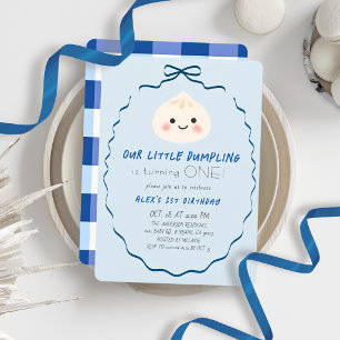 Convite Menino Pequeno Dumpling Arco Azul de 1º Aniversári