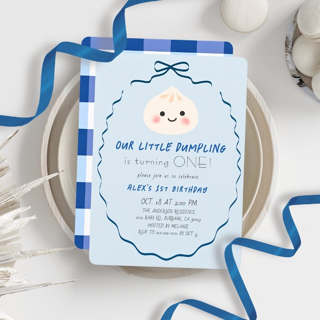 Convite Menino Pequeno Dumpling Arco Azul de 1º Aniversári (Criador carregado)