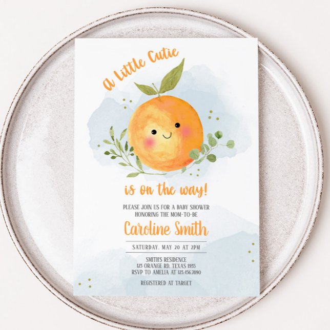 Convite Menino Pequeno Fofinho Citrino Laranja Chá de Bebê (Orange Baby Shower Invitation)