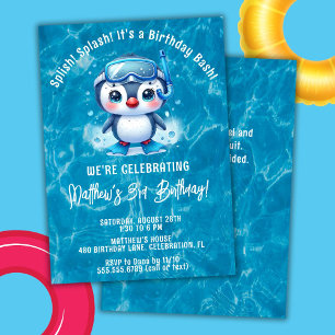 Convite Menino Pinguim na Piscina Festa de Aniversário Spl