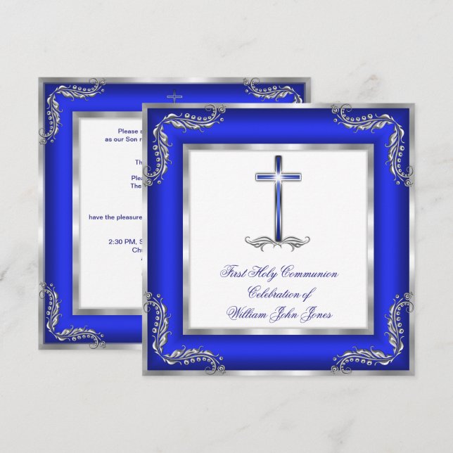 Convite Menino Primeira Comunhão Azul Real Prata Branco (Frente/Verso)