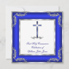 Convite Menino Primeira Comunhão Azul Real Prata Branco