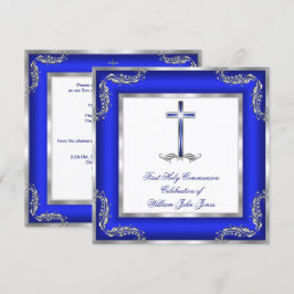Convite Menino Primeira Comunhão Azul Real Prata Branco