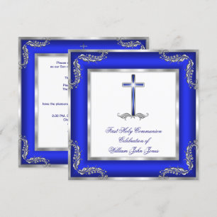 Convite Menino Primeira Comunhão Azul Real Prata Branco