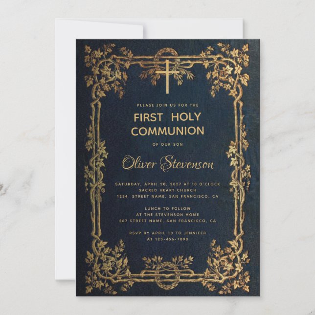 Convite Menino Primeira Comunhão Folhas Douradas Azuis Vin (Frente)