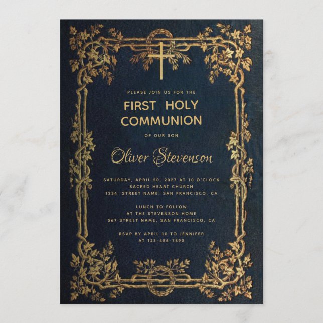 Convite Menino Primeira Comunhão Folhas Douradas Azuis Vin (Frente)