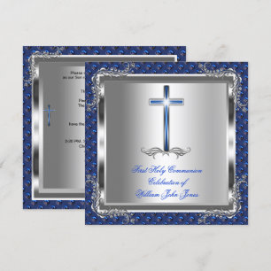 Convite Menino Primeira Comunhão Prata Azul Real 7