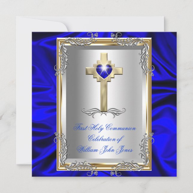 Convite Menino Primeira Comunhão Prata Ouro Azul Real (Frente)