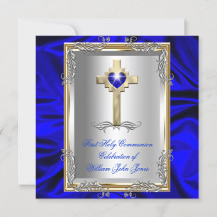 Convite Menino Primeira Comunhão Prata Ouro Azul Real