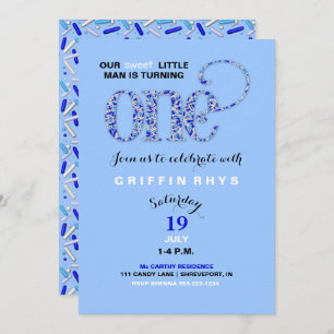 Convite Menino Primeiro Aniversário Azul Espelhos