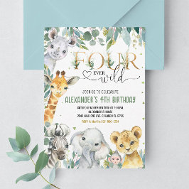 Convite Menino Quatro Animais da Selva Dourada selvagem An