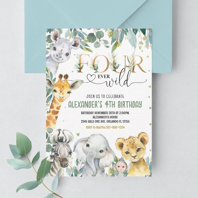 Convite Menino Quatro Animais da Selva Dourada selvagem An (Criador carregado)