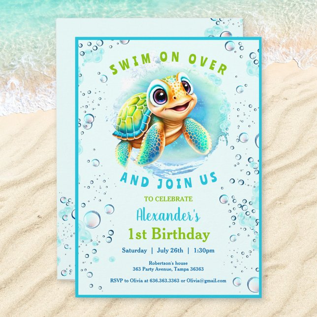 Convite Menino, Tartaruga, Costumava Idade Primeiro Aniver (Cute Sea Turtle Invitation For a Boy. If you need for a girl, just visit the store :) Kate Eden Art)