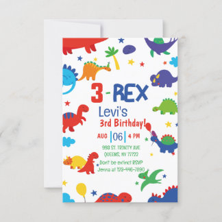 Convite menino Três Rex 3rd Dinosaur Aniversário