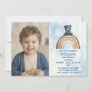 Convite Menino Urso Aquarela Aniversário Boho Arco-íris Az