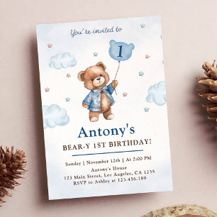Convite Menino Urso de Pelúcia Azul Balões Primeiro Aniver