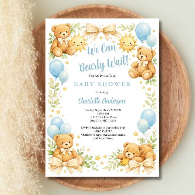 Convite Menino Urso de Pelúcia Mal Podemos Esperar Chá de  (Boys Teddy Bear We Can Bearly Wait, Blue Balloons, Coquette Bows, Baby Shower invitation. )