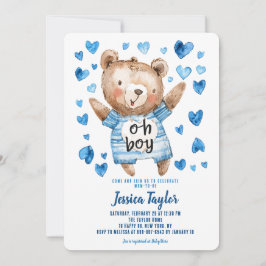 Convite Menino Urso Teddy Coração Azul Chá de Bebê Menino