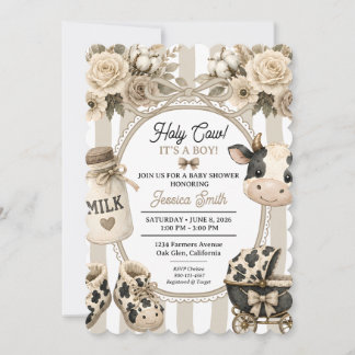 Convite Menino Vaca Sagrada Chá de Bebê Boho Floral Aquare