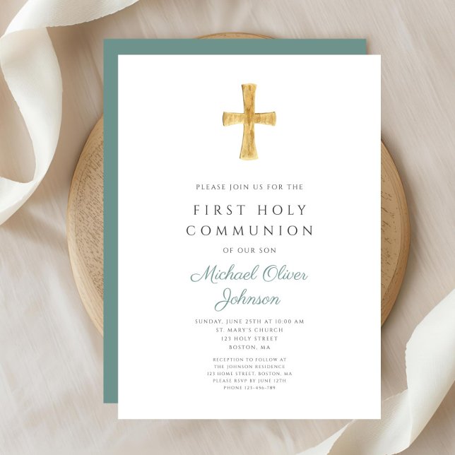Convite Menino Verde Moderno Primeira Comunhão Sagrada (Modern Green Cross Boy First Holy Communion Invitation )