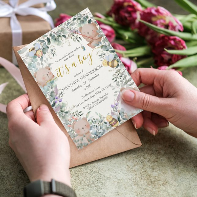 Convite Menino Woodland Animal Ursa Chá de fraldas De Aqua (Criador carregado)