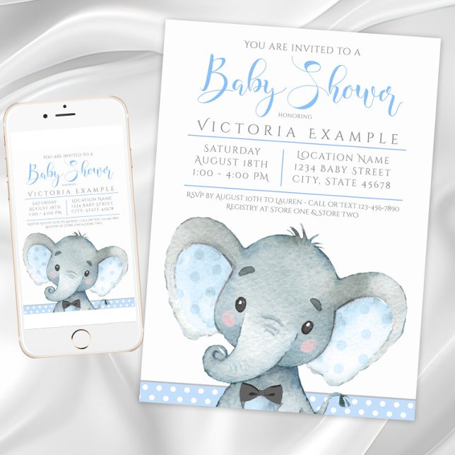 Convite Meninos Adoráveis Chamas de Elefante para Bebê (Boy Elephant Baby Shower Invitations. Instant download and printed invitations available.)
