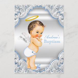 Convite Meninos Anjo Azul Branco Menino Bebê Batismo