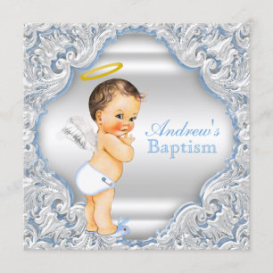 Convite Meninos Anjo Batismo Menino Bebê Azul Branco