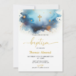 Convite Meninos Aquarela Azul Dourado Batismo