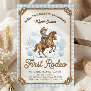 Convite Meninos Azul Xadrez Cowboy Primeiro Rodeio 1º Aniv