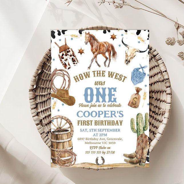 Convite Meninos Blue Brown Como O Ocidente Era Um primeiro (How the West Was One 1st Birthday Invitation Template Baby Boy, Cowboy Themed First Birthday Invite)