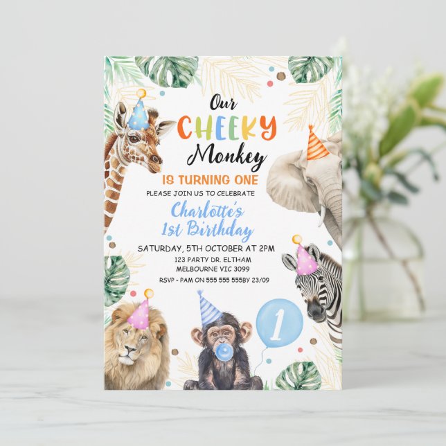 Convite Meninos Blue Hat Our Cheeky Monkey Birthday (Em pé/Frente)