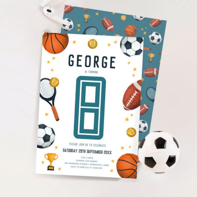Convite Meninos Blue Sports Kids 8º aniversário (Criador carregado)
