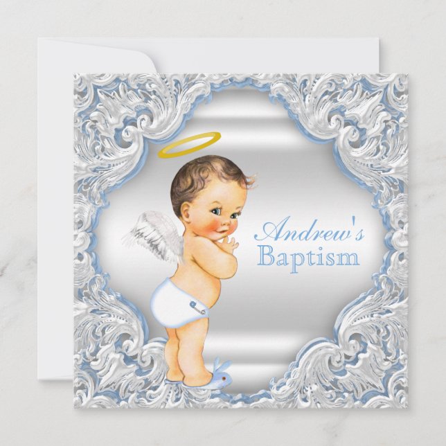 Convite Meninos Blue White Angel Boy Baby Baptism (Frente)
