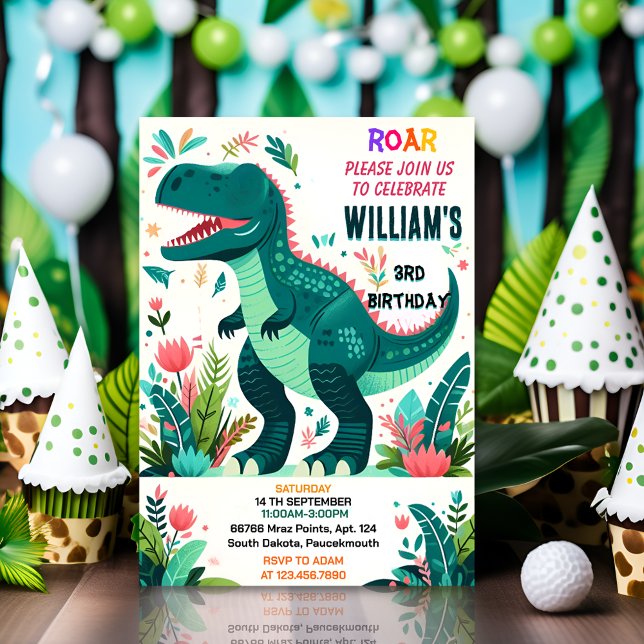 Convite meninos bonitos T 3 rex aniversário de 3 anos (Criador carregado)