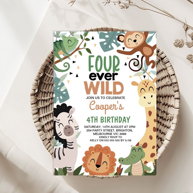 Convite Meninos Brown Green Quatro Nunca Selvagens 4º Aniv (Four Ever Wild 4th Birthday Invitation Template Boy, Safari Animals 4th Birthday Invitation, Jungle )