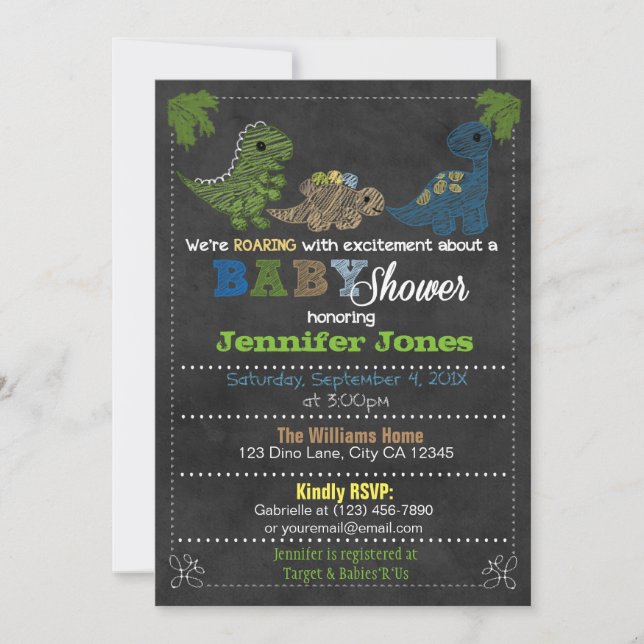Convite Meninos Chalkboard Dinossaur Baby Shower Invtions (Frente)