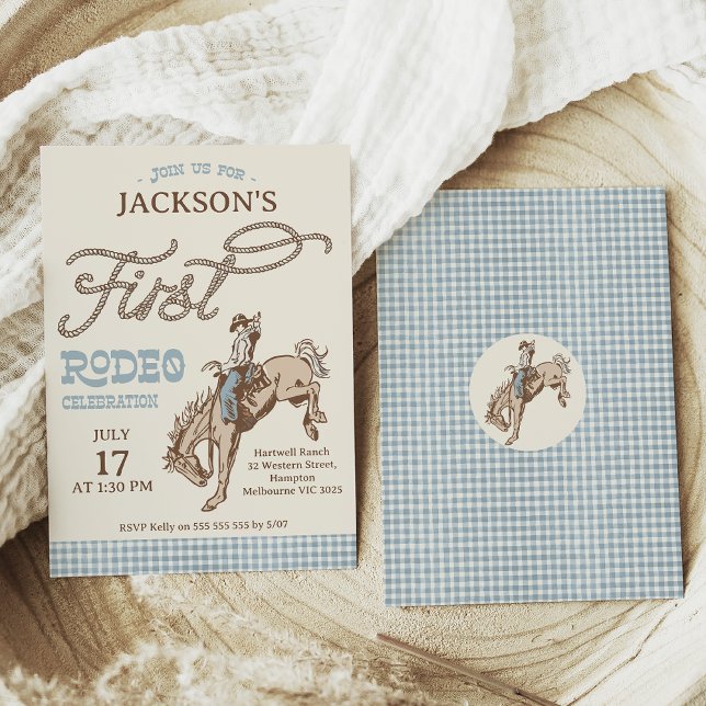 Convite Meninos Cinza azul Primeiro primeiro aniversario d (Blue Brown First Rodeo Birthday Invitation Boy, Buffalo Plaid, Rope text, Cowboy First Rodeo Invite)