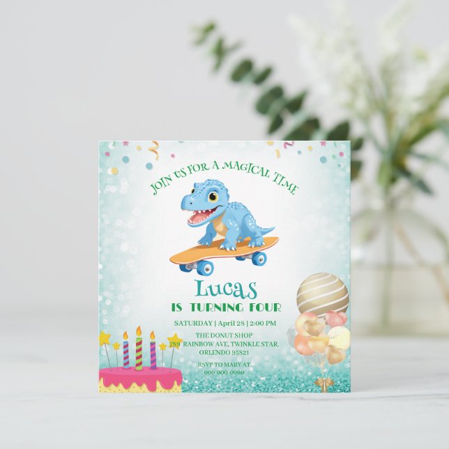 Convite Meninos da Festa de aniversário de skate de dinoss (Em pé/Frente)