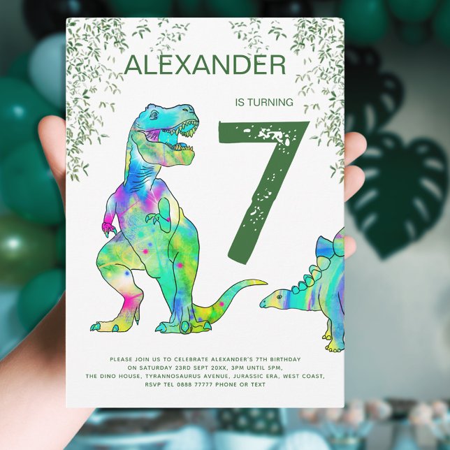 Convite Meninos da selva do dinossauro Festa de aniversári (T-Rex Dinosaur Jungle 7th birthday party invitation colorful Tyrannosaurus rex and stegosaurus dinos)
