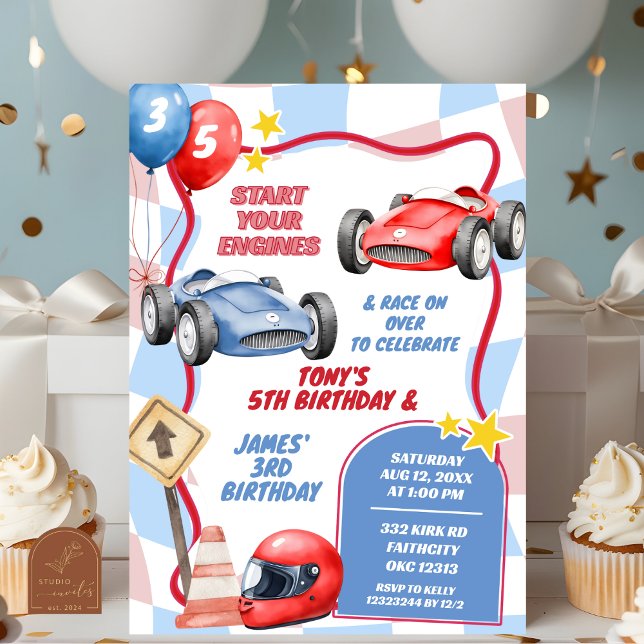 Convite Meninos de Carro de Corrida Aniversário Conjunto  (Criador carregado)