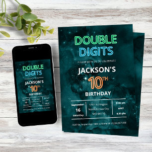 Convite Meninos de Dois Dígitos Neon Espaço 10º Aniversári