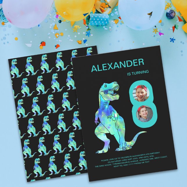 Convite Meninos Dinossauro T-Rex 8ª Festa de aniversário (T-Rex dino boys 8th birthday party photo invitation with color dinosaur teal green typography )