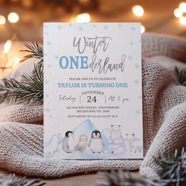 Convite Meninos do Ártico primeiro aniversario de inverno  (Boys Winter Onederland Birthday Invitation Silver Blue Arctic Animals Snowflakes Winter One-derland )