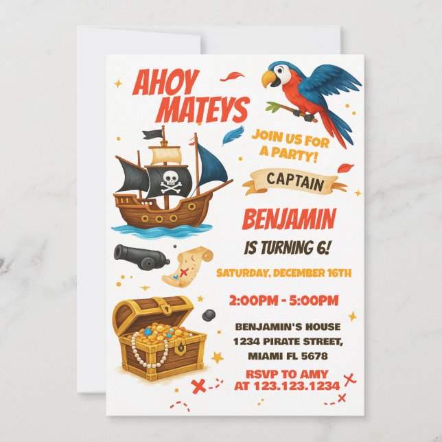 Convite Meninos Editáveis Meninas Tema de Caça ao Tesouro (Frente)