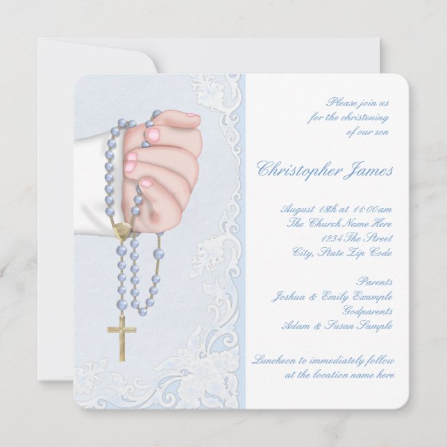 Convite Meninos Elegante Baby Blue Rosary Christening (Frente)