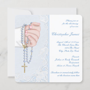 Convite Meninos Elegante Baby Blue Rosary Christening