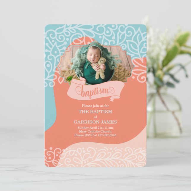 Convite Meninos em laranja e ondas azuis com batismo fotog (Em pé/Frente)